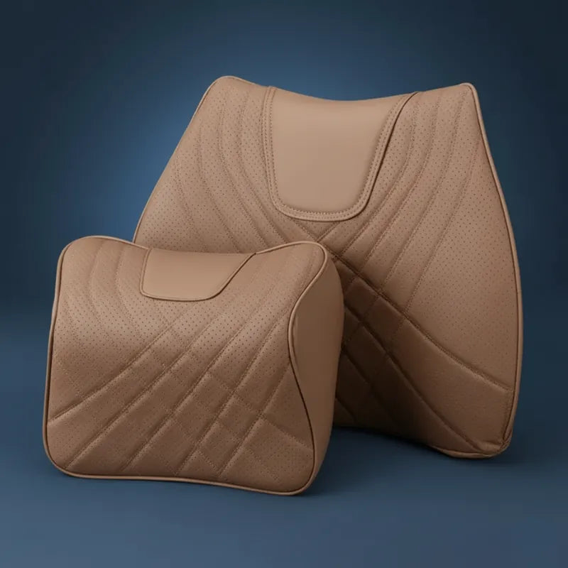 coussin ergonomique voiture cervical et lombaire – set duo – marron sur fond bleu premium