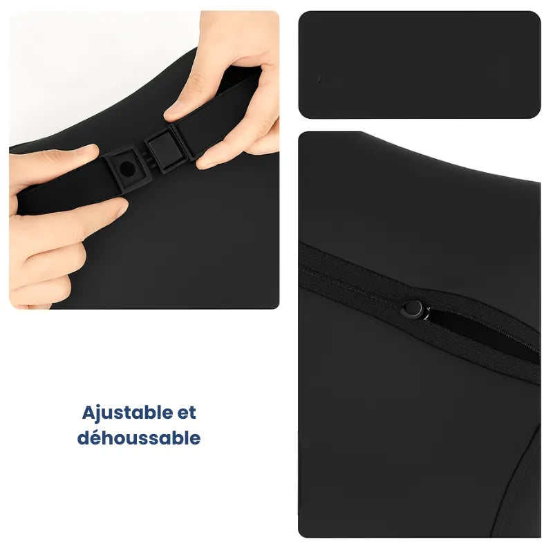 Gros plan sur le coussin ergonomique voiture set duo noir montrant la sangle réglable et la fermeture éclair de la housse déhoussable