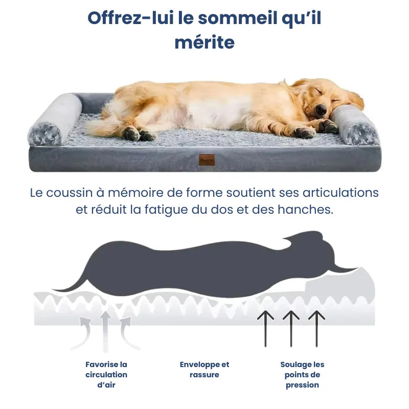 Coussin mémoire de forme chien XL illustré avec schéma de soutien ergonomique, circulation d’air et confort du couchage.