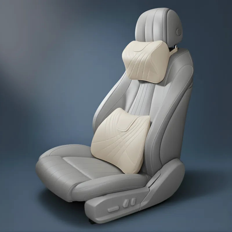 coussin ergonomique voiture cervical et lombaire beige sur fond bleu, set duo avec soutien lombaire et cervical