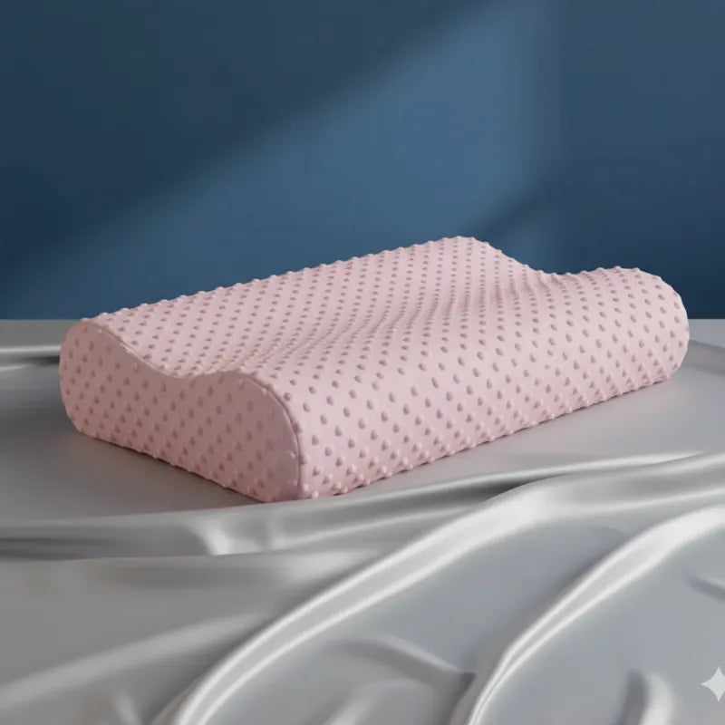 Oreiller à mémoire de forme bambou Rose premium sur un drap satiné gris perle, avec un mur bleu en arrière-plan.