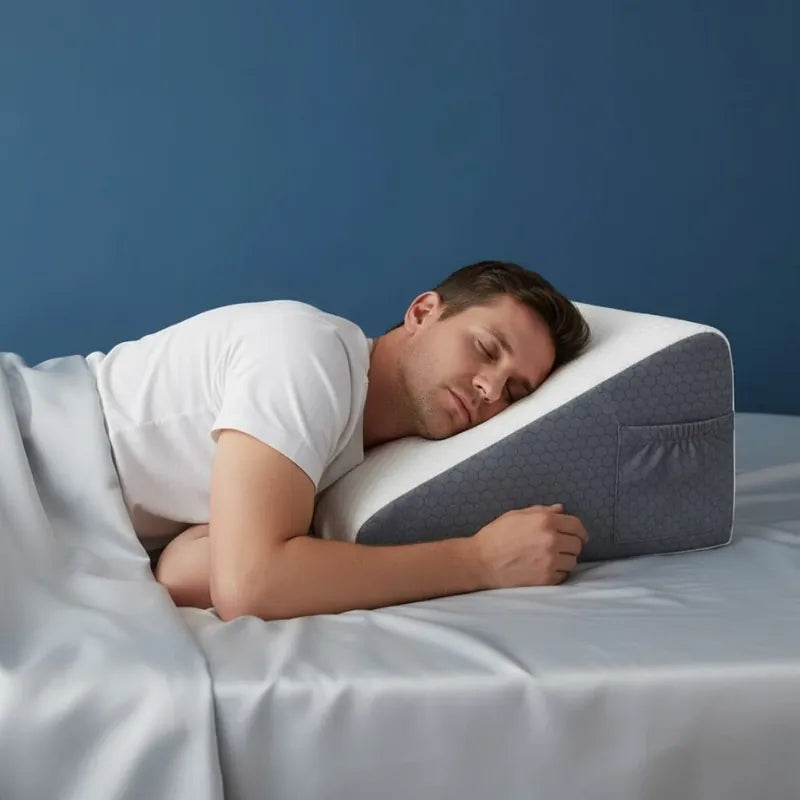 Homme endormi sur le côté avec un oreiller ergonomique carré 50x50 blanc et gris sur drap satiné gris perle, lumière douce