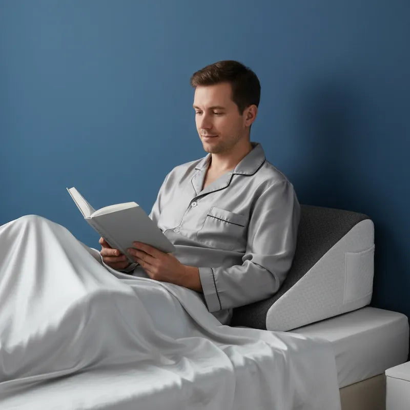 Homme en pyjama satiné lisant confortablement adossé à un oreiller ergonomique carré 50x50 gris et blanc, fond bleu profond