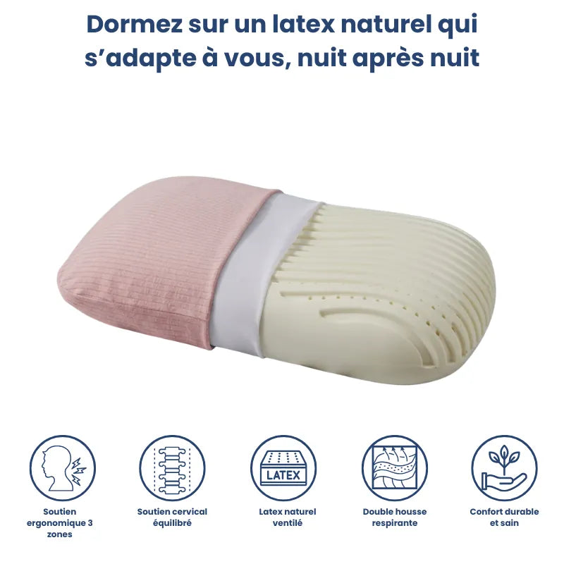 Oreiller ergonomique en latex naturel rose sur fond bleu profond, avec pictogrammes des principales caractéristiques et drap satiné gris perle