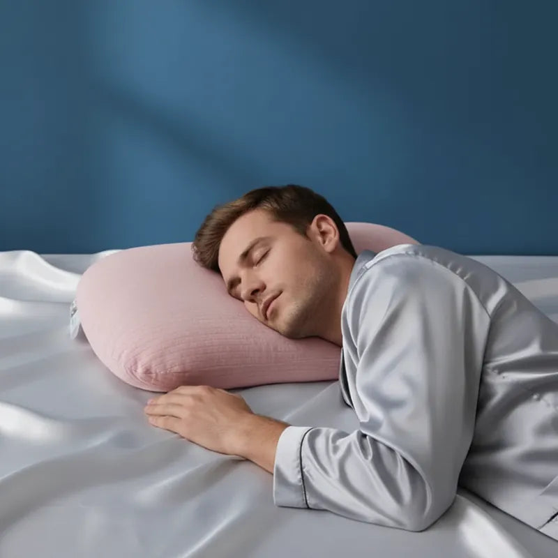 Homme dormant sur un oreiller ergonomique en latex naturel rose, illustrant l’utilisation du coussin en position de sommeil latérale avec maintien cervical naturel