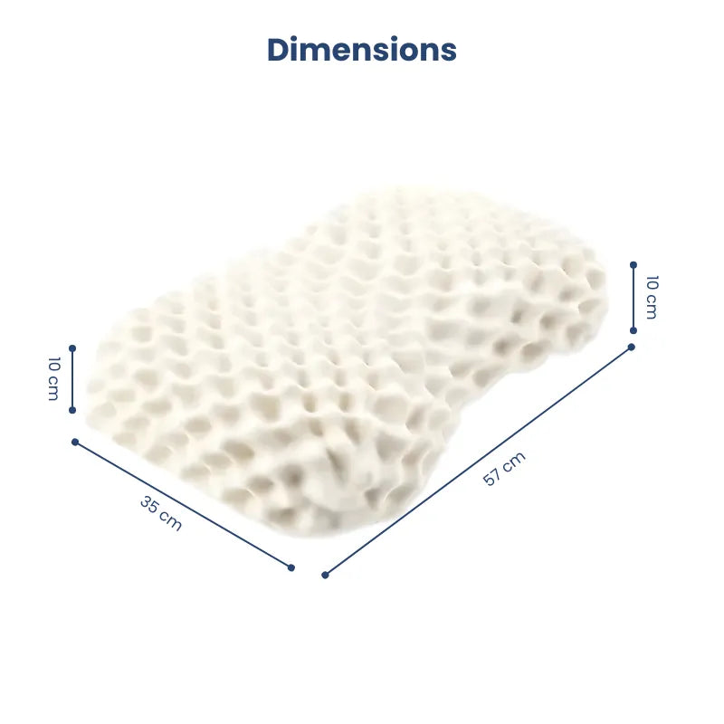 Image décrivant les dimensions de l’oreiller ergonomique en latex naturel compact, avec indications de largeur, longueur et hauteur