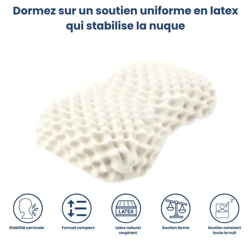 Image mettant en avant les pictogrammes de l’oreiller ergonomique compact en latex naturel, format réduit et soutien ferme