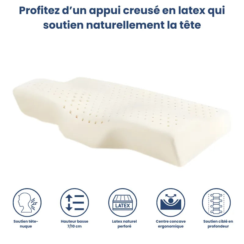 Pictogrammes illustrant les points clés de l’oreiller ergonomique concave en latex naturel, centre creusé et hauteur basse