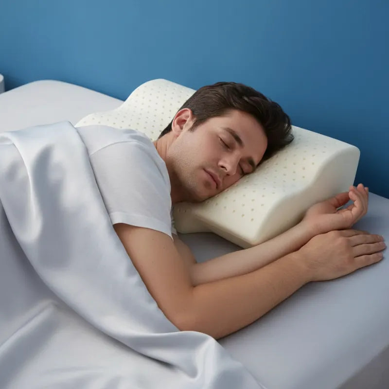 Homme allongé sur un oreiller ergonomique concave en latex naturel, mettant en avant l’accueil creusé et le maintien de la nuque