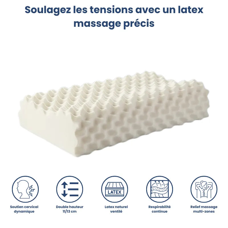 Image présentant les pictogrammes des fonctionnalités de l’oreiller ergonomique en latex naturel massage, avec reliefs multi-zones et ventilation