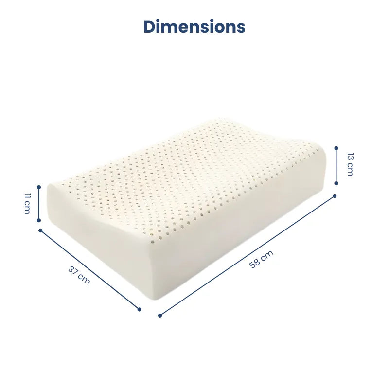 Image présentant les dimensions de l’oreiller ergonomique en latex naturel surface plane, avec mesures en largeur, longueur et hauteur
