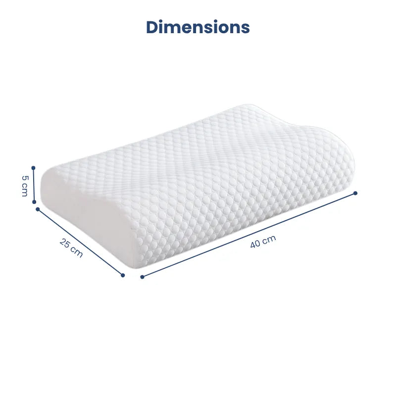 Oreiller à mémoire de forme bambou blanc présenté avec ses dimensions détaillées, longueur, largeur et hauteur pour un confort optimal.