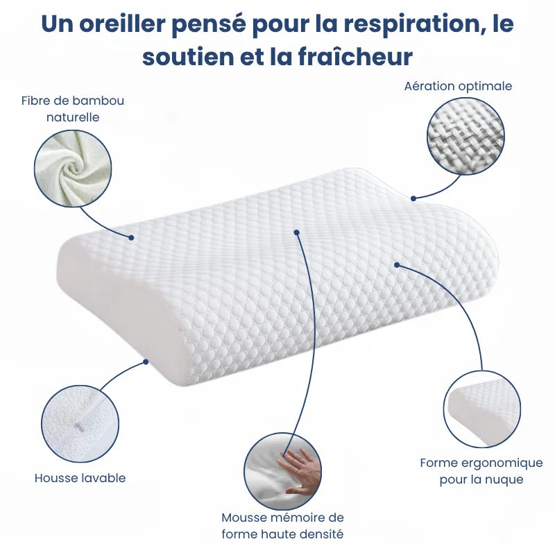 Oreiller à mémoire de forme bambou blanc illustré avec cinq flèches : fibre naturelle, aération, mousse mémoire, housse lavable et forme ergonomique.