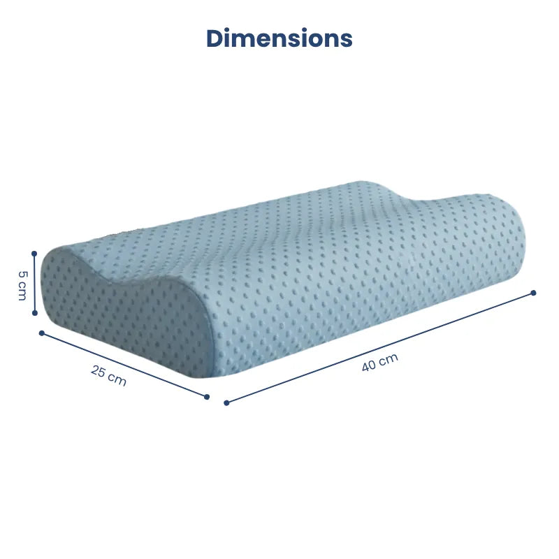 Oreiller à mémoire de forme bambou bleu avec schéma de dimensions précises, affichant la taille complète de l’oreiller.