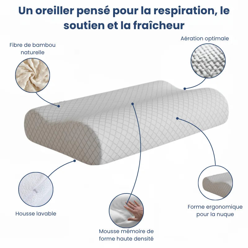 Oreiller à mémoire de forme bambou gris illustré avec cinq flèches : fibre naturelle, aération, mousse mémoire, housse lavable et forme ergonomique.