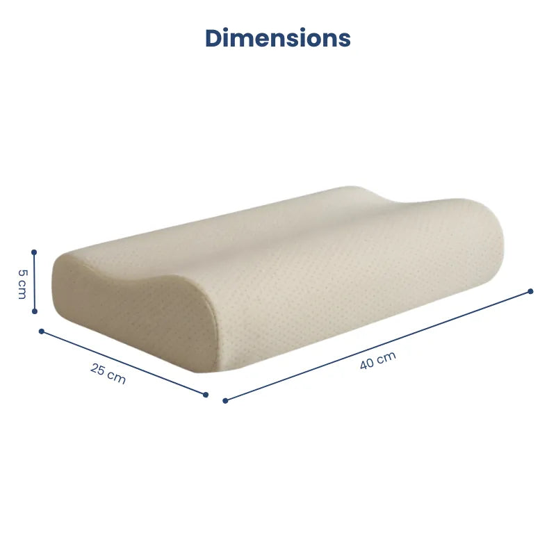 Oreiller à mémoire de forme bambou jaune présenté avec ses dimensions exactes, montrant la taille et l’épaisseur pour un confort ergonomique.
