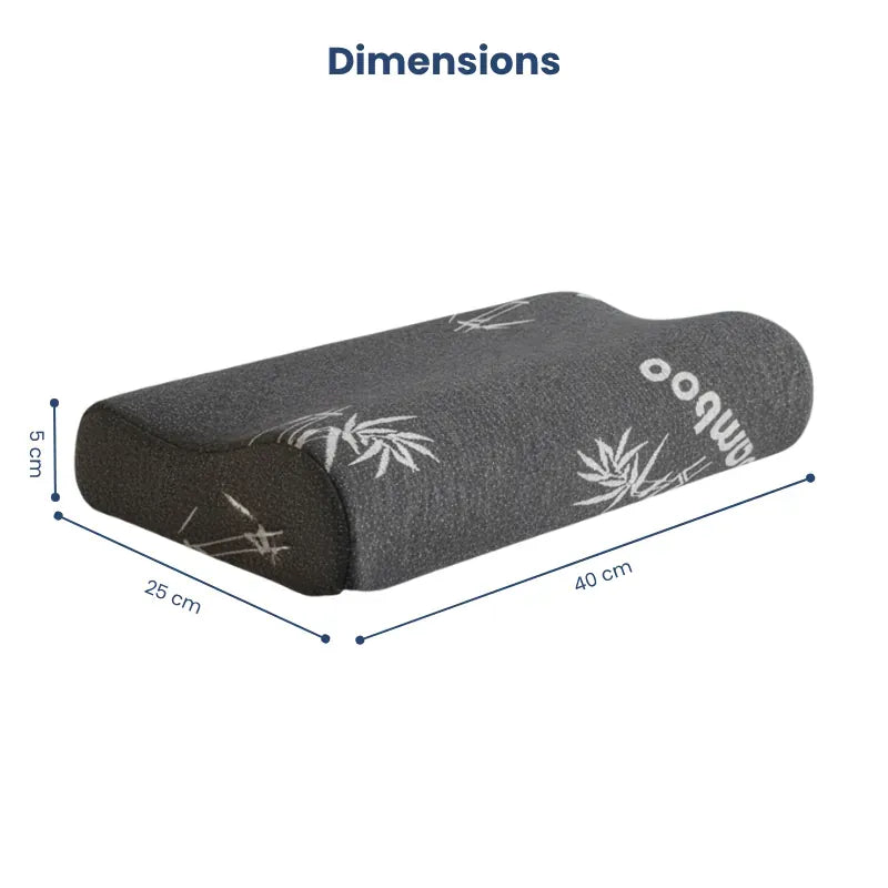Oreiller à mémoire de forme bambou noir illustré avec ses dimensions exactes, indiquant les mesures pour un ajustement ergonomique parfait.