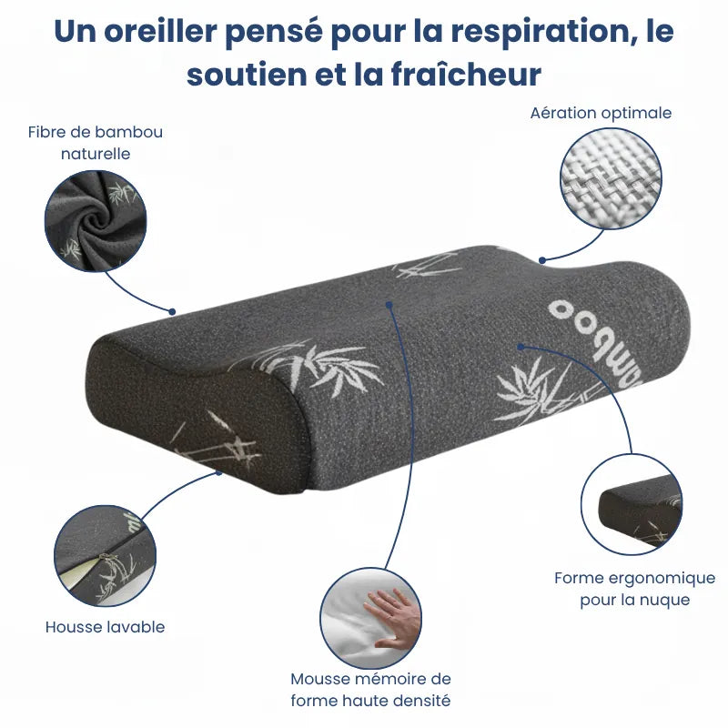 Oreiller à mémoire de forme bambou noir illustré avec cinq flèches : fibre naturelle, aération, mousse mémoire, housse lavable et forme ergonomique.