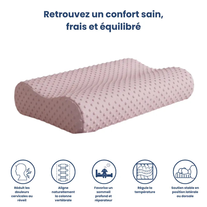 Oreiller à mémoire de forme bambou blanc avec pictogrammes : soulagement cervical, confort respirant, alignement naturel et sommeil profond.