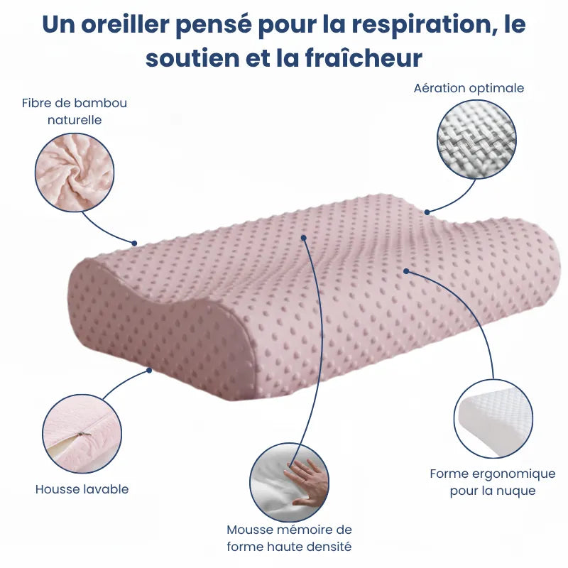 Oreiller à mémoire de forme bambou rose illustré avec cinq flèches : fibre naturelle, aération, mousse mémoire, housse lavable et forme ergonomique.