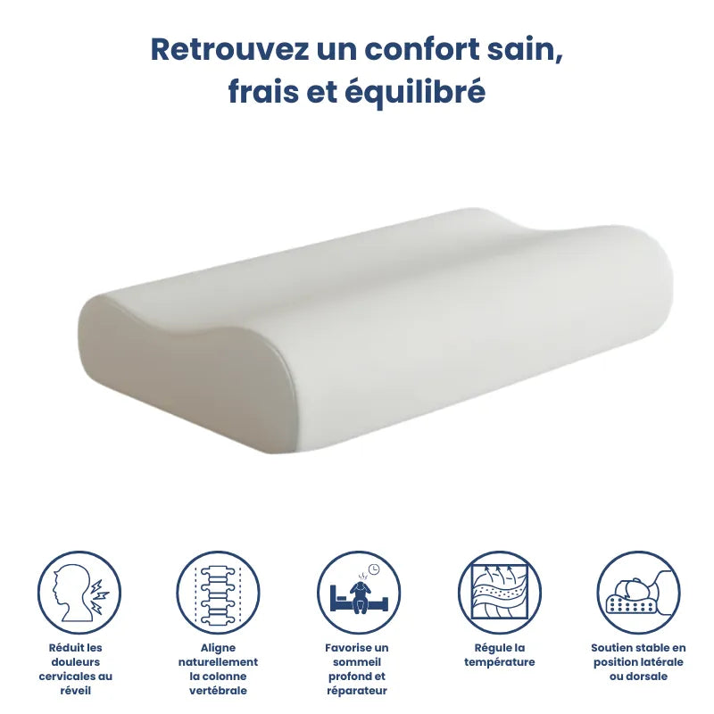 Oreiller à mémoire de forme bambou sans housse illustré avec pictogrammes : mousse dense, soutien cervical, ventilation naturelle, confort durable et sommeil réparateur.