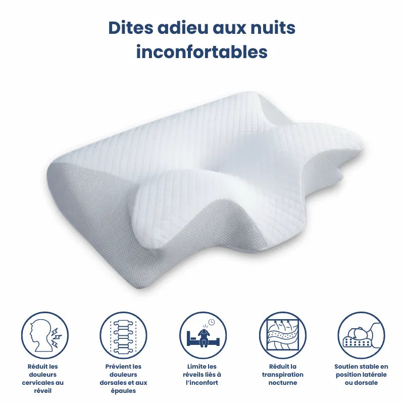 Oreiller a memoire de forme cervical blanc 40x60 cm - presentation visuelle des avantages : reduction des douleurs, maintien cervical, confort nocturne.
