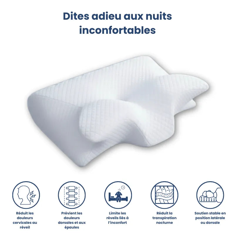 Oreiller a memoire de forme cervical blanc integral 40x60 cm - presentation visuelle des avantages : reduction des douleurs, maintien cervical, confort nocturne.
