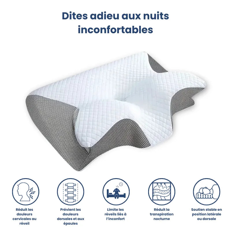 Oreiller a memoire de forme cervical gris clair 40x60 cm - presentation visuelle des avantages : reduction des douleurs, maintien cervical, confort nocturne.
