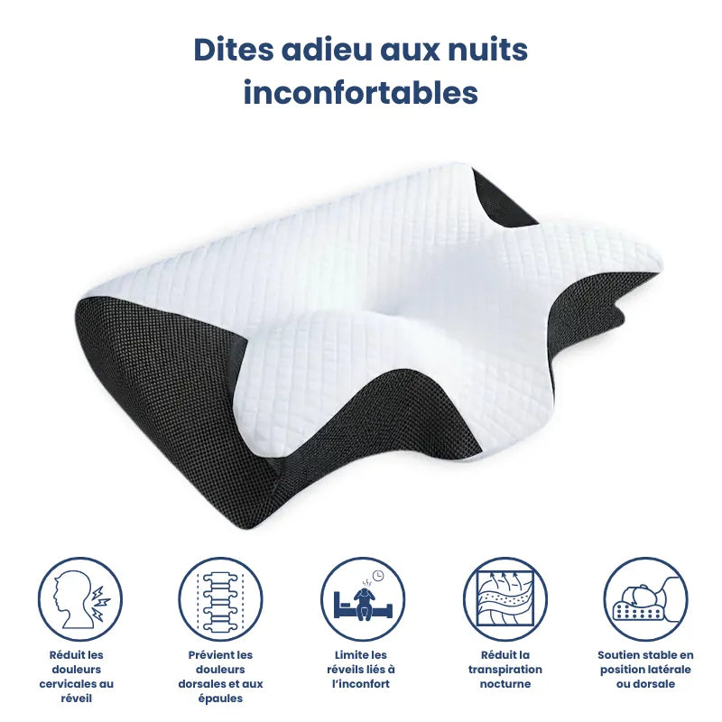 Oreiller a memoire de forme cervical noir 40x60 cm - presentation visuelle des avantages : reduction des douleurs, maintien cervical, confort nocturne.