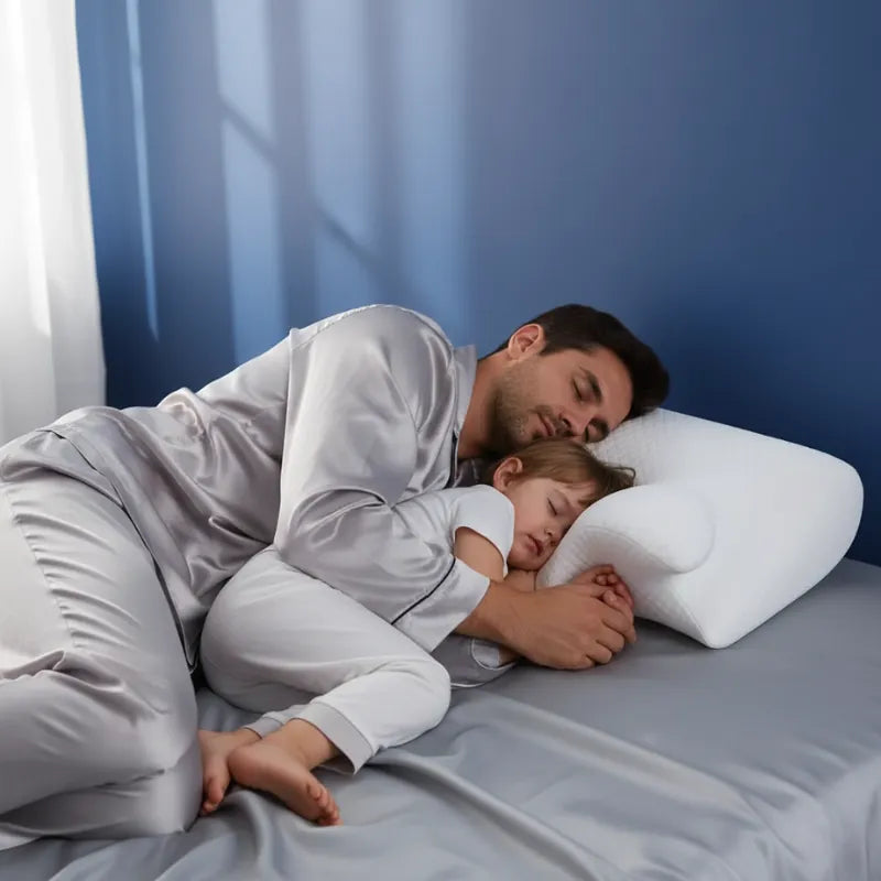 Oreiller a memoire de forme cervical blanc integral - scene de sommeil paisible entre un parent et un enfant, mettant en avant le confort ergonomique.
