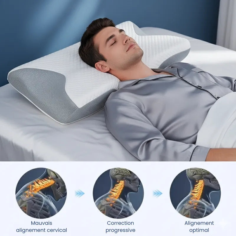 Oreiller a memoire de forme cervical gris clair - illustration de la correction progressive de l'alignement cervical pendant le sommeil.
