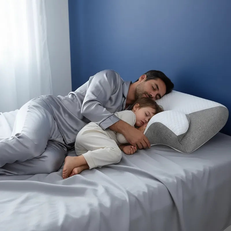Oreiller a memoire de forme cervical gris clair - scene de sommeil paisible entre un parent et un enfant, mettant en avant le confort ergonomique.

