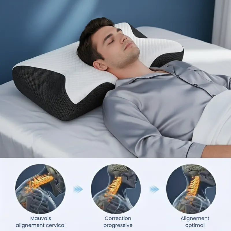 Oreiller a memoire de forme cervical noir - illustration de la correction progressive de l'alignement cervical pendant le sommeil.
