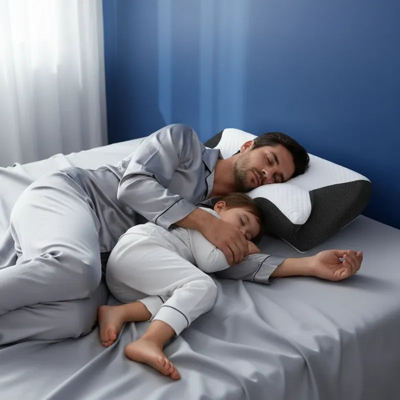Oreiller a memoire de forme cervical noir - scene de sommeil paisible entre un parent et un enfant, mettant en avant le confort ergonomique.

