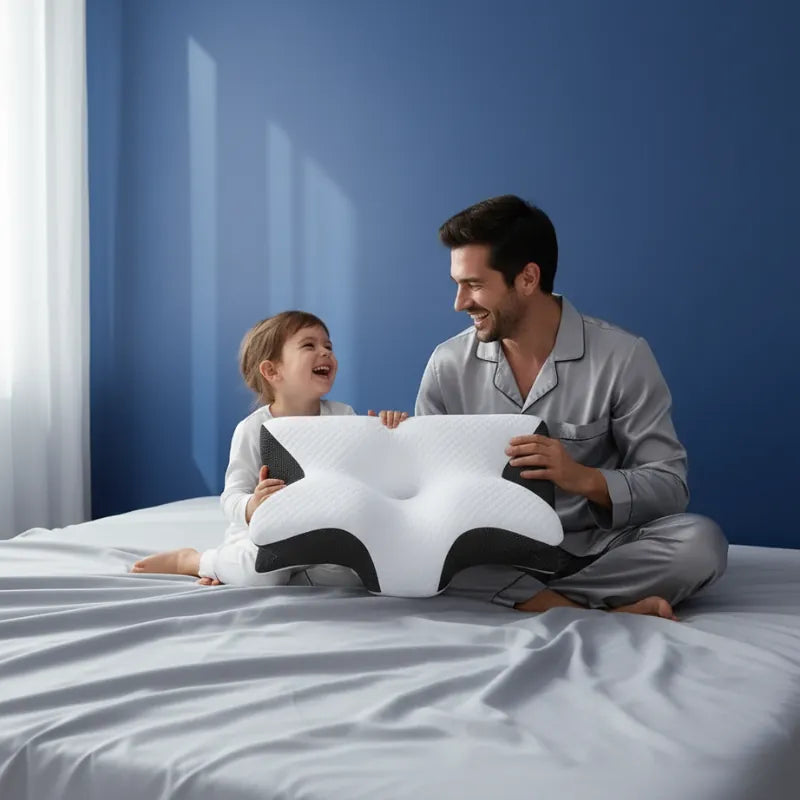 Oreiller a memoire de forme cervical noir - scene familiale avec un pere et un enfant, ambiance cocooning et confort.
