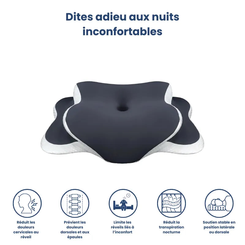 Oreiller memoire de forme douleur cervicale gris 40x65cm présentant les bénéfices du soutien stable et du confort cervical pour des nuits sans douleur