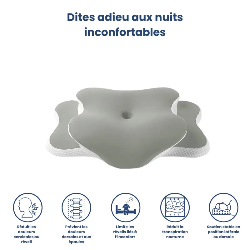 Oreiller memoire de forme douleur cervicale vert présentant les avantages du soutien ergonomique, de la ventilation naturelle et d’un sommeil sans tension