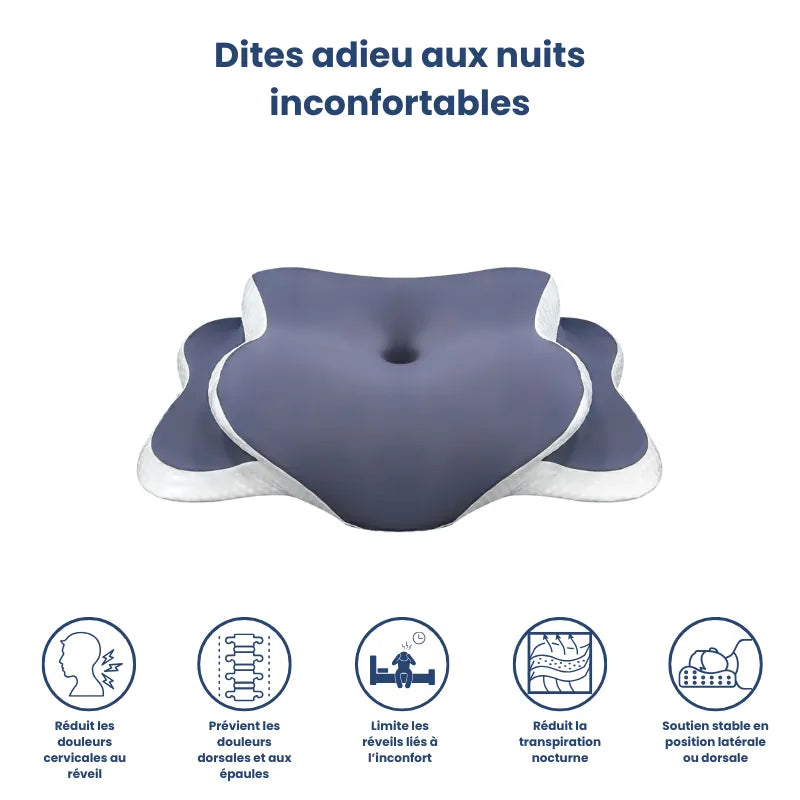 Oreiller mémoire de forme douleur cervicale violet 40x65cm affiché avec pictogrammes des avantages : réduction des tensions, confort dorsal et sommeil réparateur