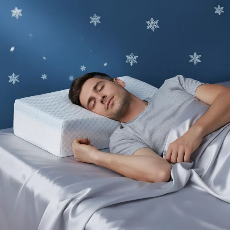 Homme dormant paisiblement sur un oreiller mémoire de forme gel rafraichissant 60x30cm, mur bleu profond décoré de flocons lumineux subtils évoquant la fraîcheur naturelle et le confort thermique équilibré.
