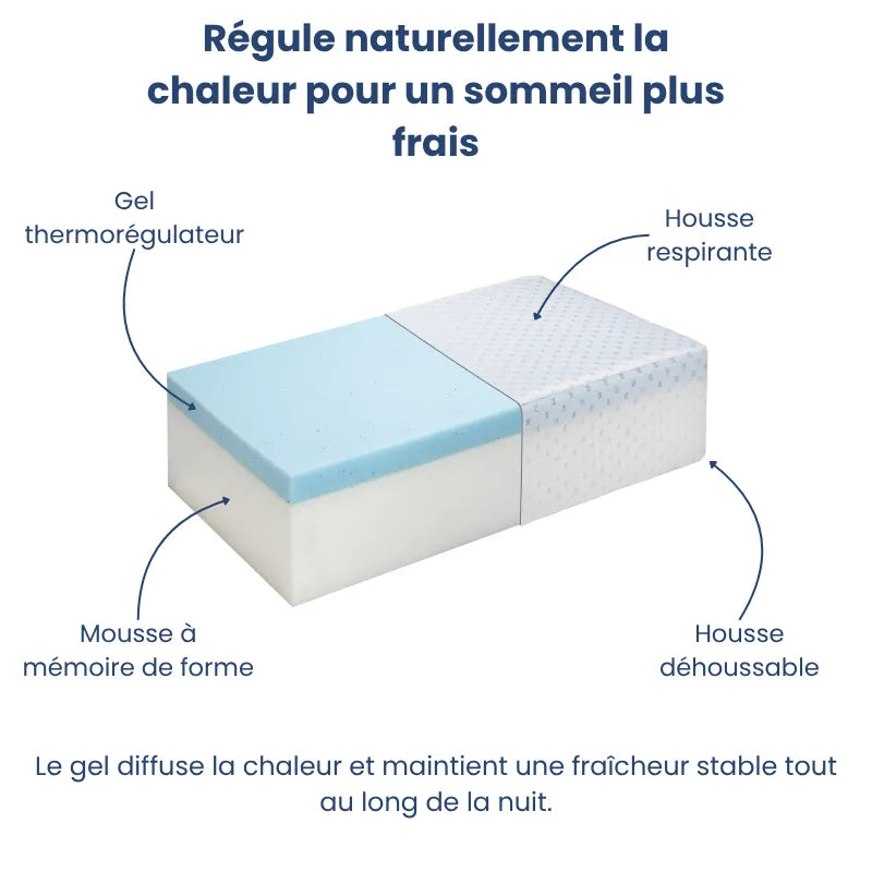 Oreiller mémoire de forme gel rafraichissant 60x30cm, coupe interne montrant le noyau en gel bleu clair thermorégulateur dans une mousse viscoélastique haute densité
