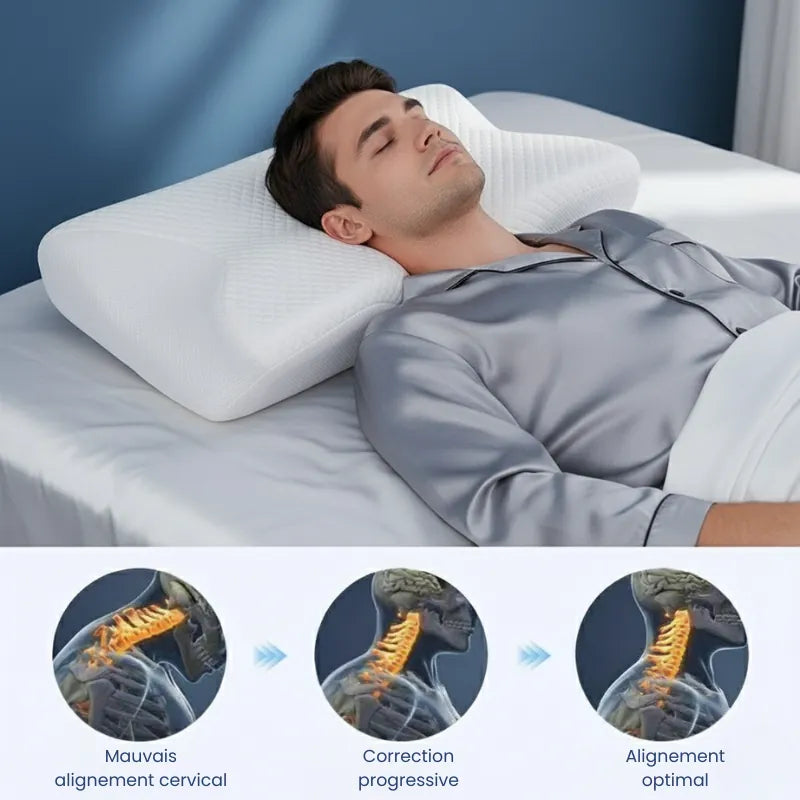 Oreiller Mémoire de Forme Papillon - Bleu – 60x40 illustrant l’ajustement ergonomique de la nuque et la correction des tensions cervicales pendant le sommeil