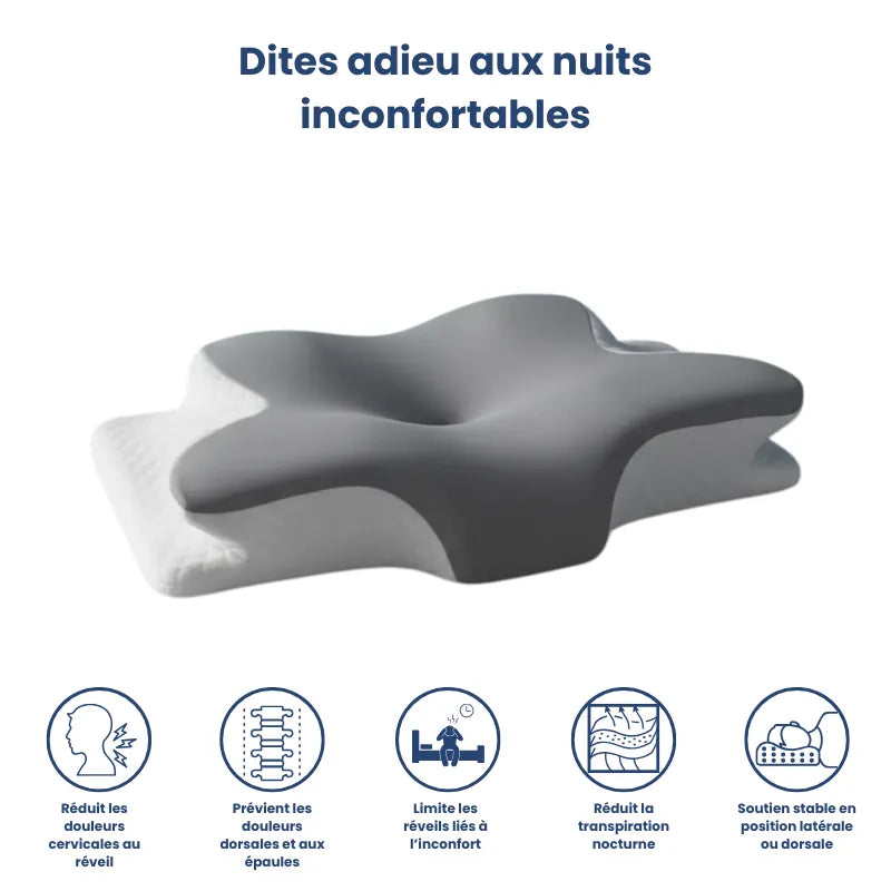 Oreiller Mémoire de Forme Papillon - Gris Clair – 60x40 montrant les avantages ergonomiques : soulagement des tensions cervicales, maintien stable et réduction des inconforts nocturnes
