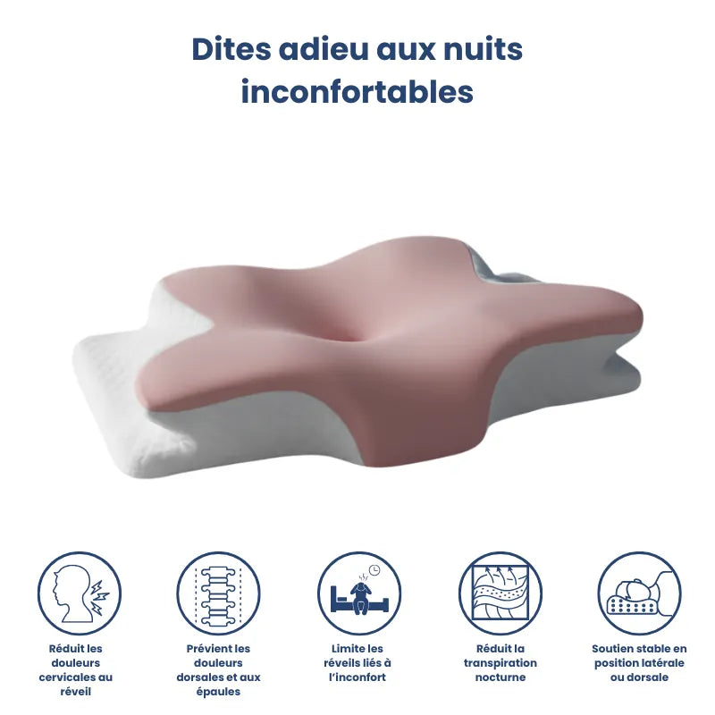 Oreiller Mémoire de Forme Papillon - Rose – 60x40 présentant les bénéfices du design ergonomique : appui stable, relâchement des tensions et diminution des douleurs au réveil