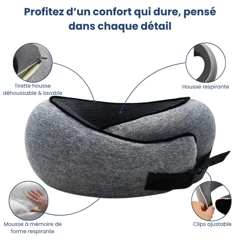 Oreiller mémoire de forme voyage à clips ajustable gris foncé avec détails sur la mousse viscoélastique, la housse respirante et le clips réglable