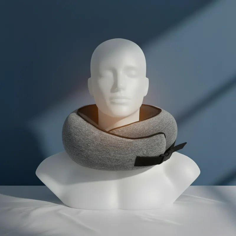 oreiller memoire de forme voyage gris fonce avec clips ajustable, présenté sur mannequin, mur bleu profond et drap satiné gris perle