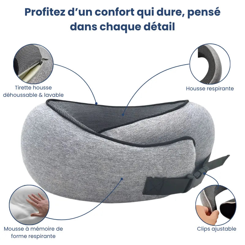 Oreiller mémoire de forme voyage à clips ajustable gris mettant en avant la mousse à mémoire de forme respirante, la housse lavable et le clips ajustable