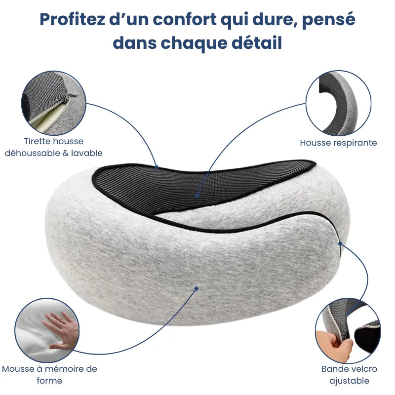 Oreiller mémoire de forme voyage gris clair illustrant ses fonctionnalités techniques : tirette déhoussable, mousse à mémoire de forme respirante et velcro ajustable