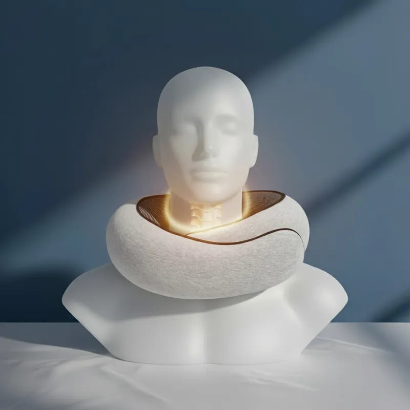 oreiller memoire de forme voyage gris clair avec fermeture velcro, présenté sur mannequin, mur bleu profond et drap satiné gris perle