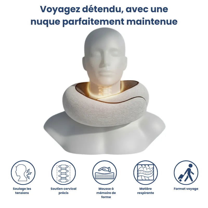 Mannequin blanc portant un oreiller à mémoire de forme gris clair autour du cou, illustrant le positionnement ergonomique et le soutien cervical