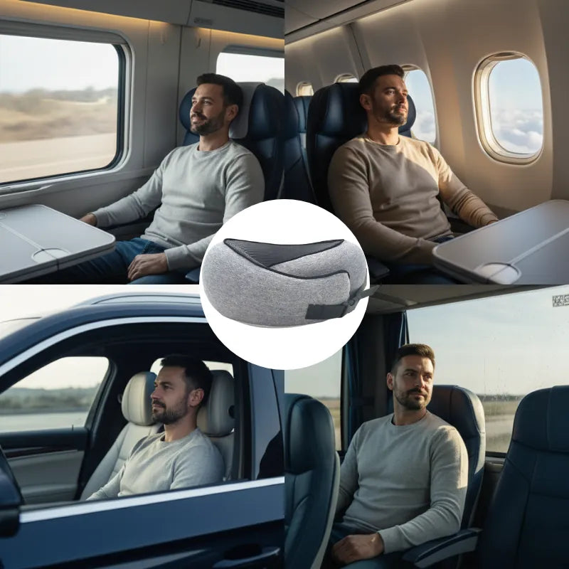 oreiller memoire de forme voyage gris avec clips ajustable, présenté dans une scène multitransport illustrant son utilisation confortable en train, avion, voiture et bus